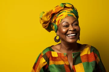 Fototapeten Happy black woman wearing a traditional attire against a yellow background. Senior black woman dressed in colourful Kente cloth.  © Super2