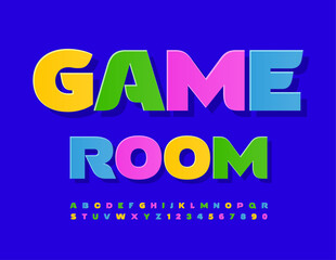 Vector children's logo Game Room. Colorful sticker Font. Bright Alphabet Letters and Numbers