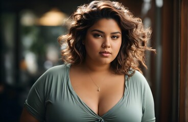 Portrait of a beautiful plus size beauty model, fashion banner with copy space text, 