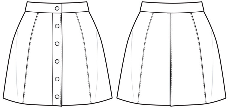 Women's button through mini Skirt flat sketch fashion illustration drawing with front and back view