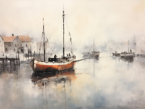 Sailors landscape painting with muted tones