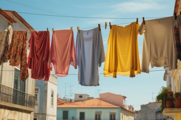 Sun-baked Clothes drying. Dry line sun. Generate Ai