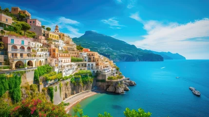 Keuken spatwand met foto travel amalfi coast italy illustration landscape sea, vacation mediterranean, italian view travel amalfi coast italy © sevector