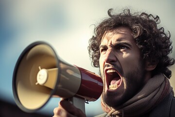 A man with curly hair passionately shouting into a megaphone. This image can be used to represent protest, activism, or a call for attention.