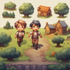 an asset pack for 2D video game of a boy running, boy is seen from the side at 90 degrees in 2D, several pictures of same boy, running animation, plain background - obrazy, fototapety, plakaty