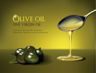 Olive oil falling from spoon, nutritional elements and olives. Design of olive oil, natural cosmetics and health products.