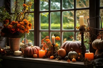 Foto op Canvas A warm autumn display with pumpkins and candles on a windowsill. Generative AI © Raven