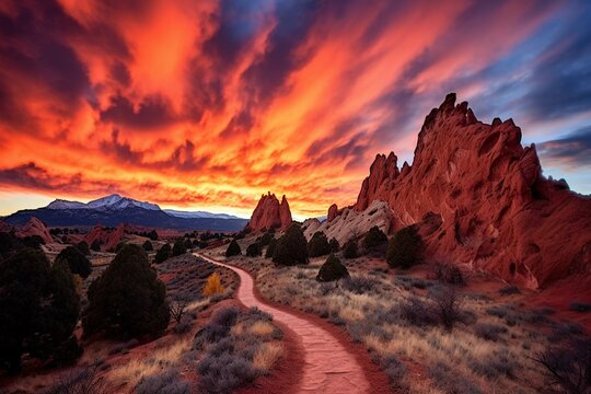 Beautiful sunrise at the majestic Garden of the Gods in Colorado Springs, Colorado. Generative AI