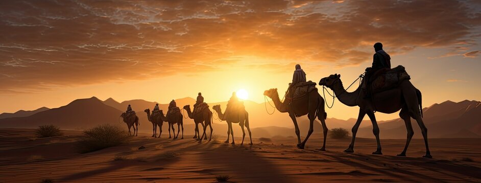 a caravan of Indian camels, led by experienced camel drivers, traversing the mesmerizing desert sand dunes at sunset. The warm hues of the setting sun should paint a stunning backdrop.