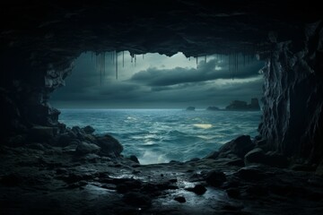 Fototapeta premium Tranquil Sea wave photo from cave. Rock scenic. Generate AI