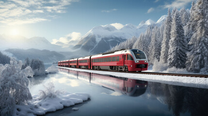A red train travels through a winter landscape with snow - obrazy, fototapety, plakaty