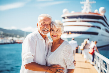 Older couple going on cruise together in summer. Happy young travelers going on cruise together.