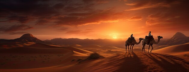 Fototapeta na wymiar a caravan of Indian camels, led by experienced camel drivers, traversing the mesmerizing desert sand dunes at sunset. The warm hues of the setting sun should paint a stunning backdrop.