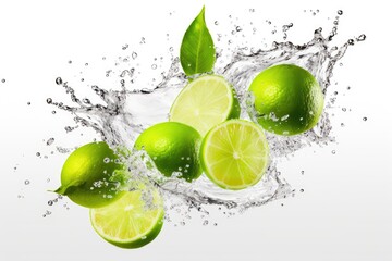 Fresh lime cut in half with water splash isolated on white background.