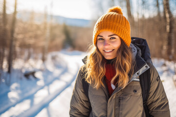 Woman taking a walk in nature in winter. Happy young female exploring nature. - obrazy, fototapety, plakaty