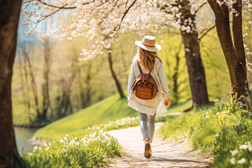 Woman taking a walk in nature in spring. Happy young female exploring nature.