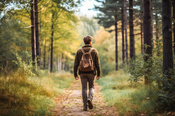 Fototapeta premium Man taking a walk in nature in autumn. Happy young male exploring nature.