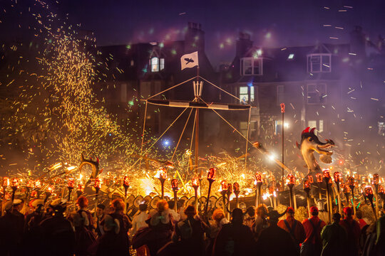 SHETLAND ISLANDS, LERWICK, SCOTLAND: Traditional burning of viking ship, Up Helly Aa festival