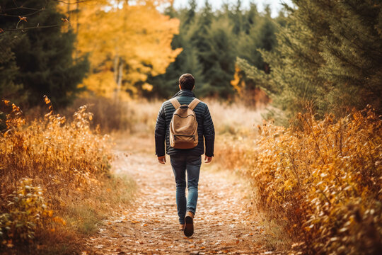 Man taking a walk in nature in autumn. Happy young male exploring nature.