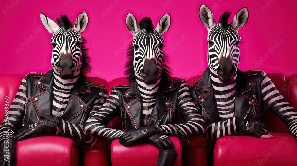 Poster three zebras are sitting on a red couch with leather jackets. generative ai