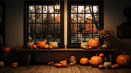 a minimalist house adorned with cozy pumpkins in various shapes and sizes. The image should evoke a warm and inviting atmosphere, embodying both Thanksgiving and Halloween spirit.