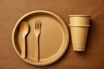 Environmentally-friendly takeaway dishware on a brown paper background. Biodegradable alternative to plastic. Viewed from above with space for text. Generative AI
