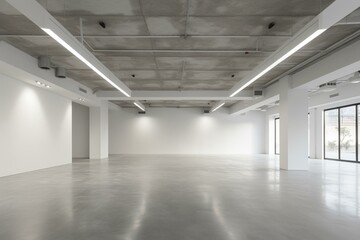 Spacious hall with empty light concrete floor, white decorated wall, and grey ceiling with airy holes. Generative AI