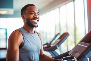 Portrait of young african sporty man on treadmill in gym. Happy athletic fit muscular man running in fitness center.