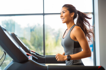 Portrait of young sporty woman on treadmill in gym. Happy athletic fit muscular woman running in fitness center.