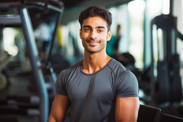 Selbstklebende Fototapete Fitness Portrait of young indian sporty man in gym. Happy athletic fit muscular man in fitness center.
