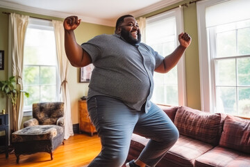 Positive african plus size man dancing at home. Happiness and well being concept.