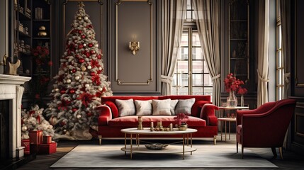 Fototapeta na wymiar a living room decorated for christmas with a red couch and a christmas tree. generative ai