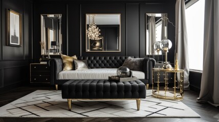 Bedroom decor, home interior design . Art Deco Hollywood Regency style with Statement Lighting decorated with Velvet and Brass material . Generative AI AIG26. - obrazy, fototapety, plakaty