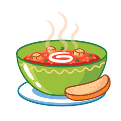 Hot tomato soup in a bowl of served with a piece of bread. Vector illustration with vegetable soup, borsch, gazpacho