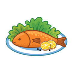 Delicious fried fish with herbs, lemon on a white plate. Vector illustration food - 649897391