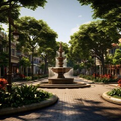 Fountain in the center of the street decorated in African style lots of green trees