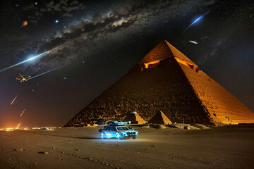pyramid in the night with advance civilization - AI generation - obrazy, fototapety, plakaty
