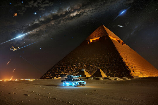 pyramid in the night with advance civilization - AI generation