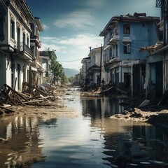 Flooding of the city with water destruction of houses and roads
