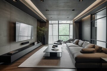 Contemporary apartment featuring sleek concrete walls and a living room adorned with an impressive 8K TV screen. Generative AI