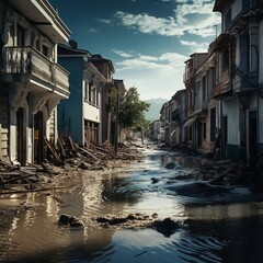 Flooding of the city with water destruction of houses and roads