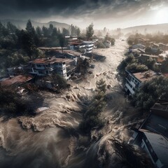 Flooding of the city with water destruction of houses and roads