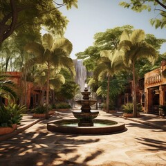 Fountain in the center of the street decorated in African style lots of green trees