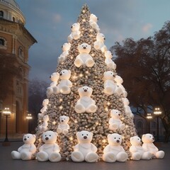 Huge Christmas tree decorated with white teddy bears in the city center