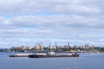 View of the river port and cargo ship