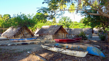 Thatched huts and canoes in Walarano traditional village, Malekula Island, Vanuatu