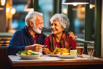 Older couple eating indian food at restaurant. Couple on date night with delicious food. Generative AI