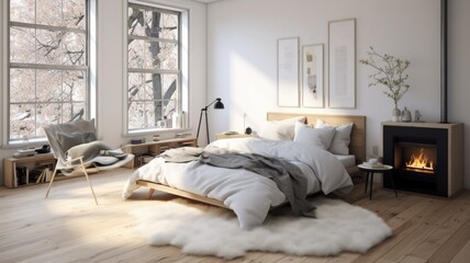 Bedroom decor, home interior design . Scandinavian Minimalist style with Fireplace decorated with Light Wood and White material . Generative AI AIG26.