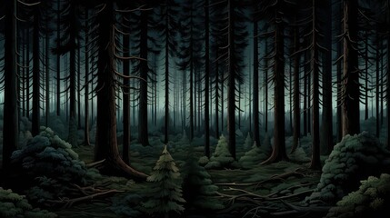 nature dark pine thicket illustration landscape tree, background wood, green season nature dark pine thicket