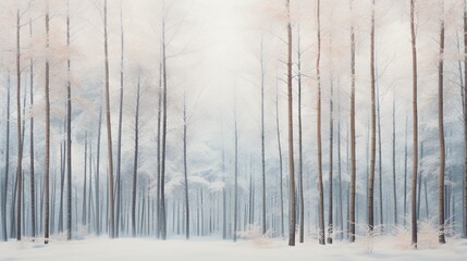  a painting of a snow covered forest with trees in the background.  generative ai